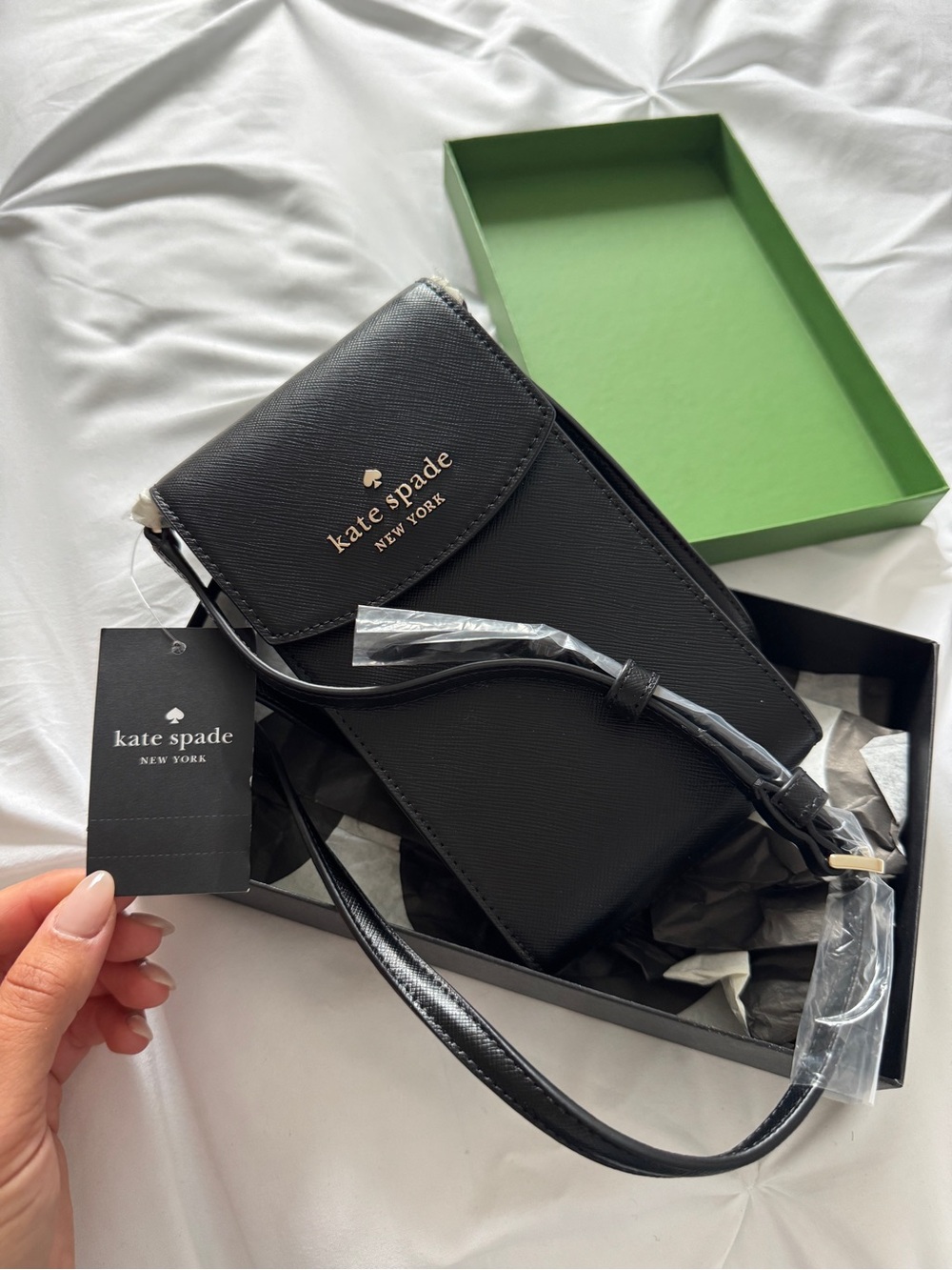 kate spade “Staci” black saffiano leather crossbody / phone wallet